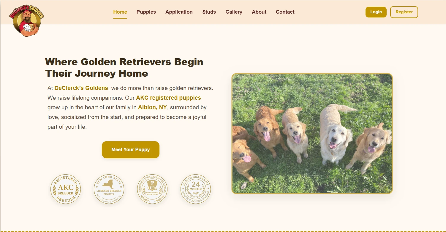 The DeClerck’s Goldens website homepage