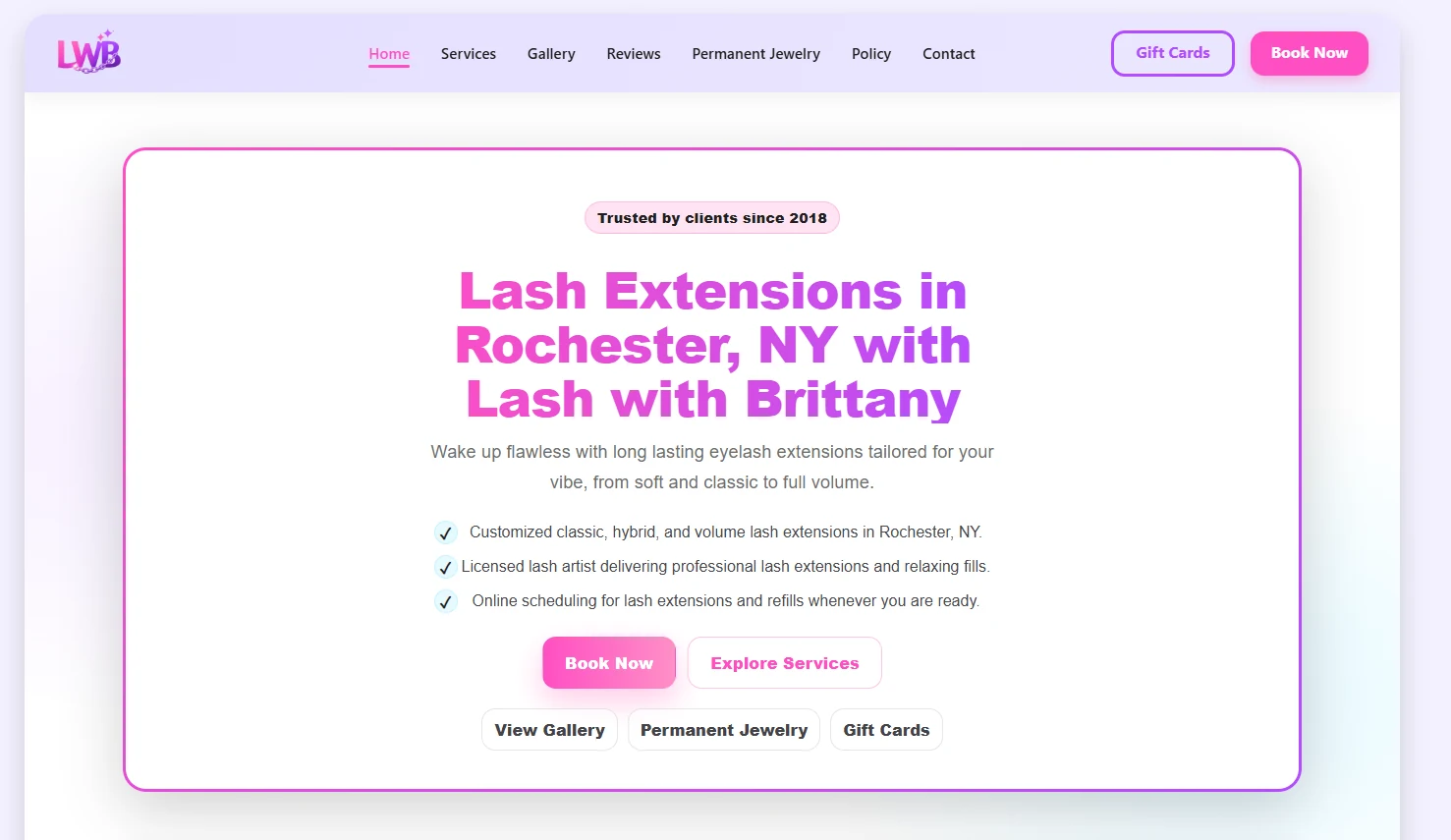The Lash with Brittany homepage showing lash services, booking actions, gallery links, gift cards, and permanent jewelry